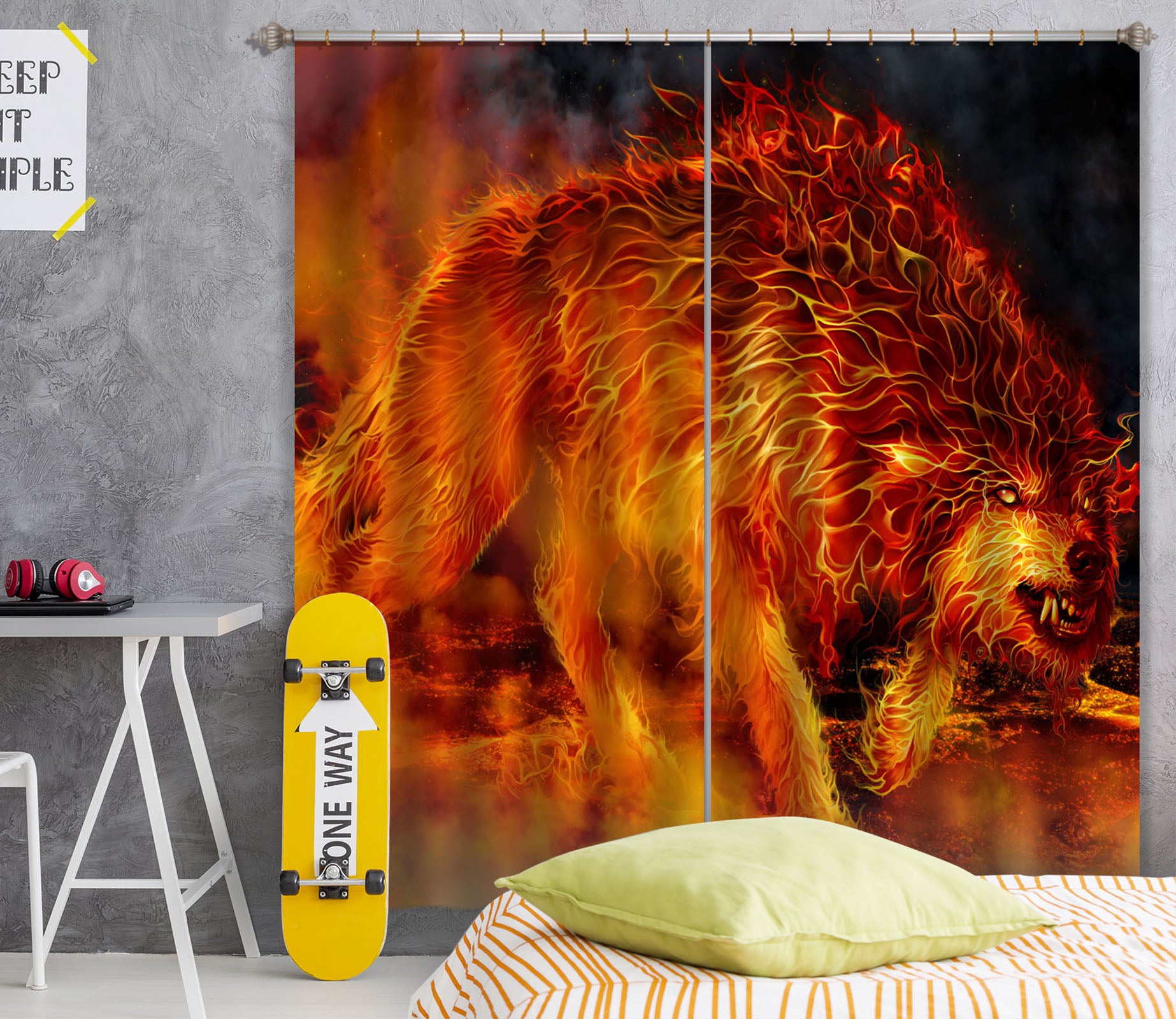 3D Flaming Wolf 5093 Tom Wood Curtain Curtains Drapes