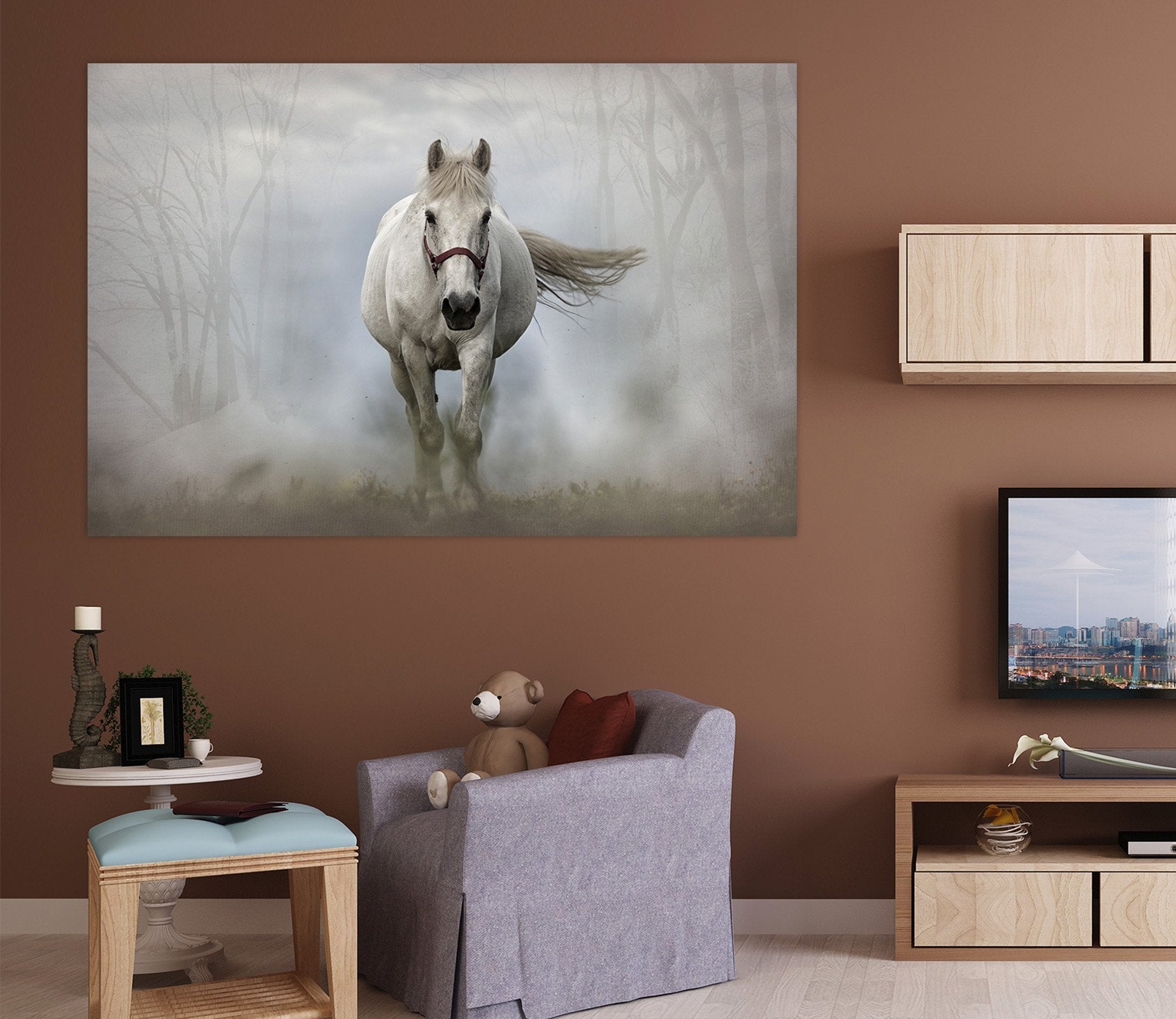 3D Foggy White Horse 80 Animal Wall Stickers