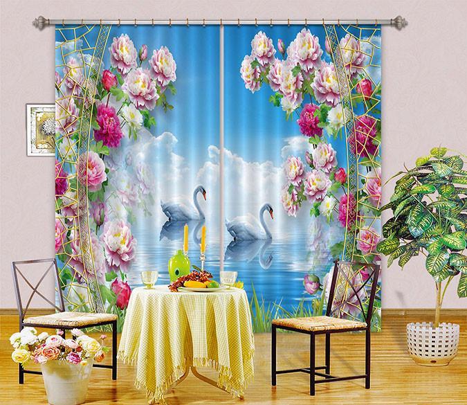 3D Flowers Sea Swans Curtains Drapes