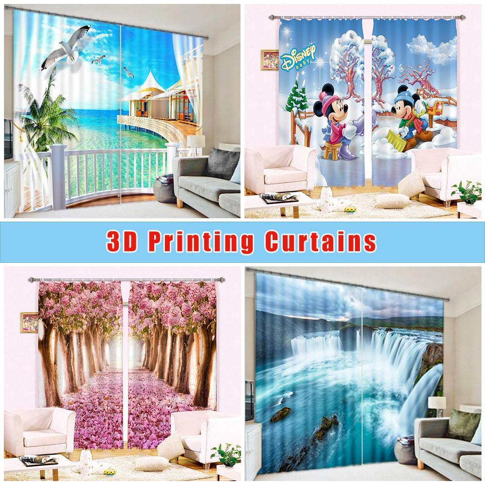 3D Flowers Door Sea Swans Curtains Drapes