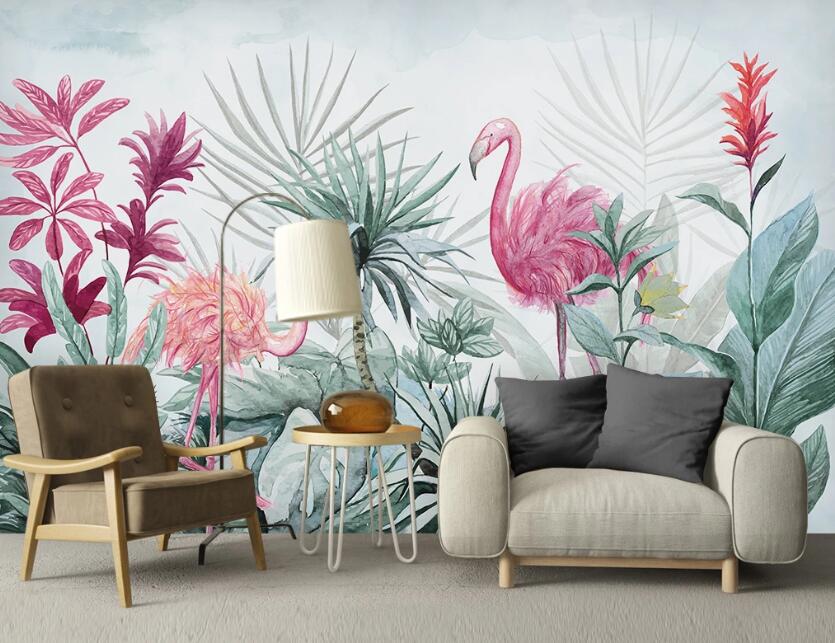 3D Flamingos Among Plants 2425 Wall Murals