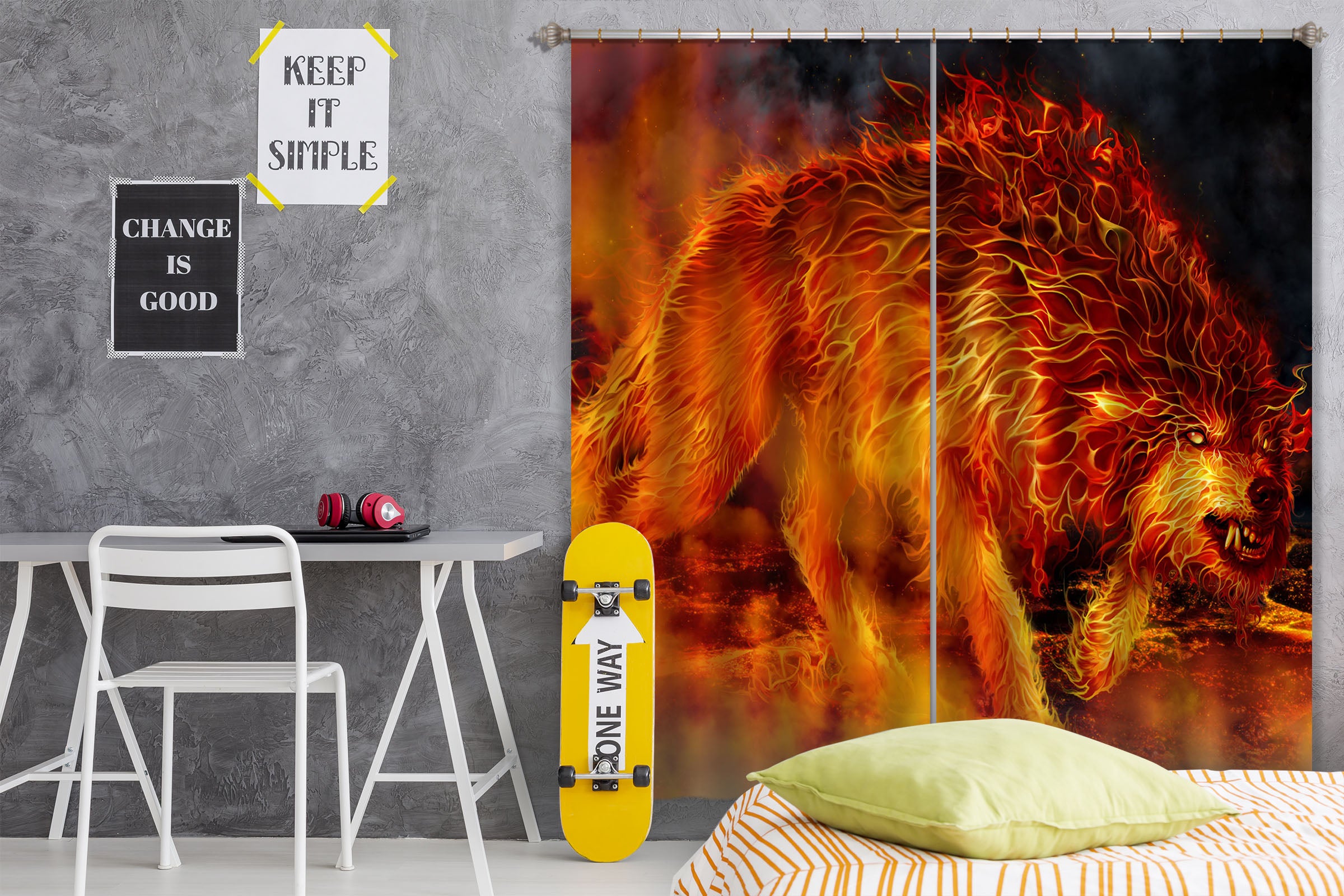 3D Flaming Wolf 5093 Tom Wood Curtain Curtains Drapes